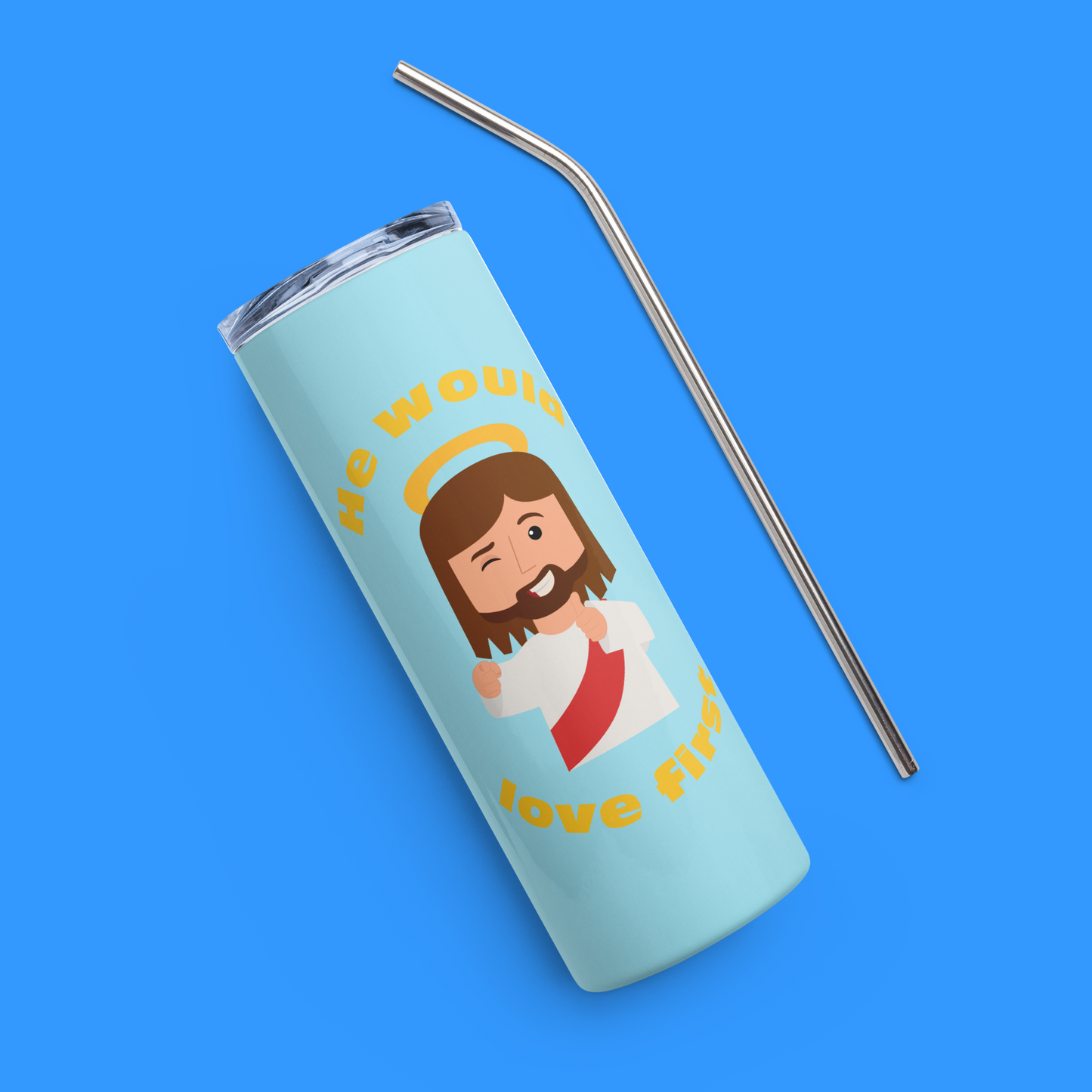 Blue/Yellow Stainless Steel Tumbler – What would Jesus do? He would love first (20oz)