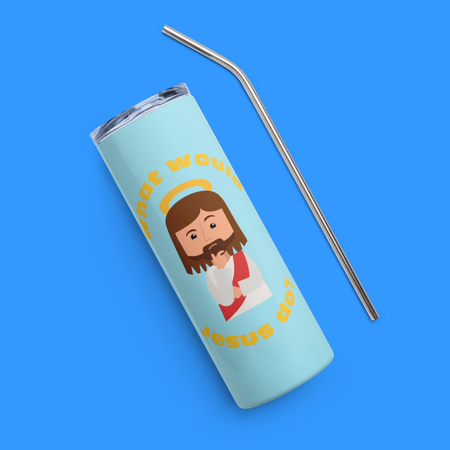 Blue/Yellow Stainless Steel Tumbler – What would Jesus do? He would love first (20oz)