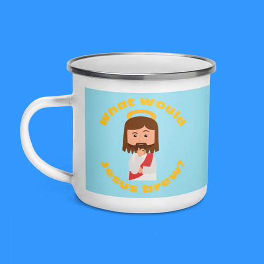 Blue/Yellow Enamel Mug – What would Jesus brew? (12oz)