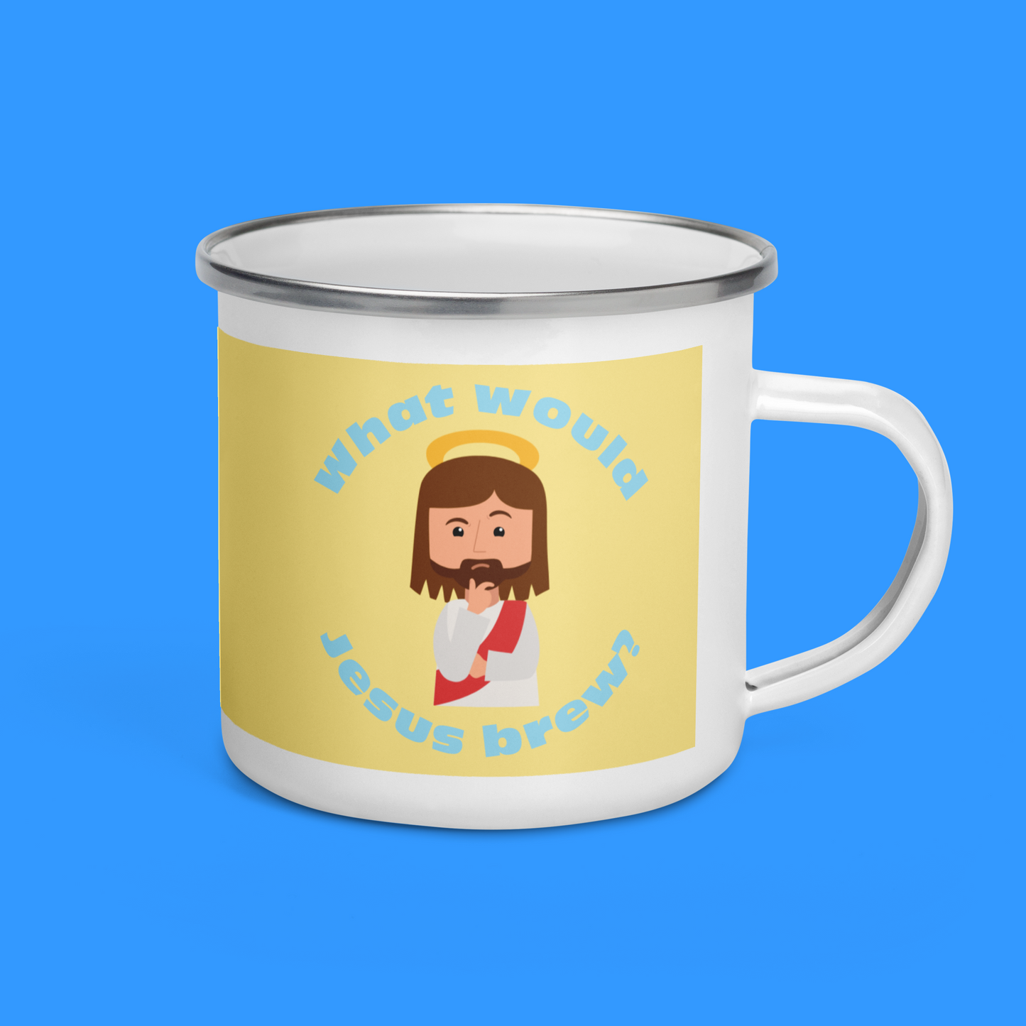 Yellow/Blue Enamel Mug – What would Jesus brew? (12oz)