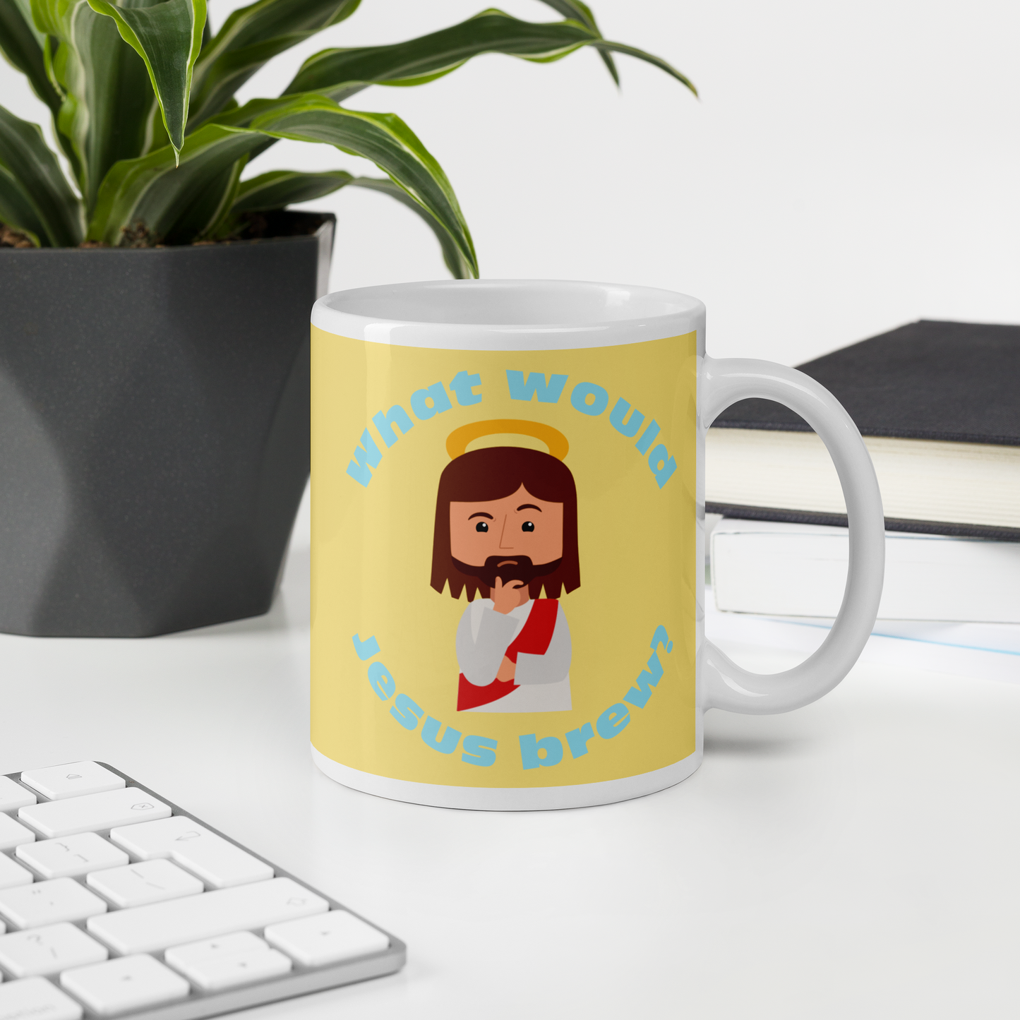 Yellow/Blue Glossy Mug – What would Jesus brew? (11oz)