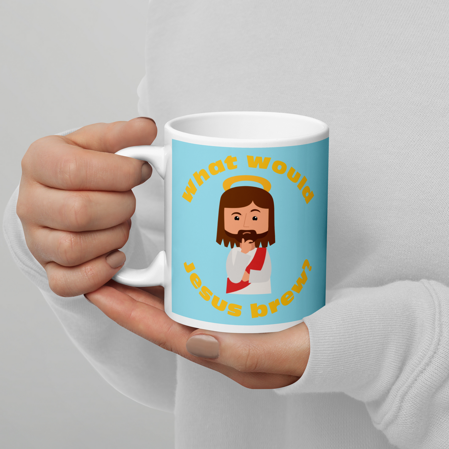 Blue/Yellow Glossy Mug – What would Jesus brew? (11oz)