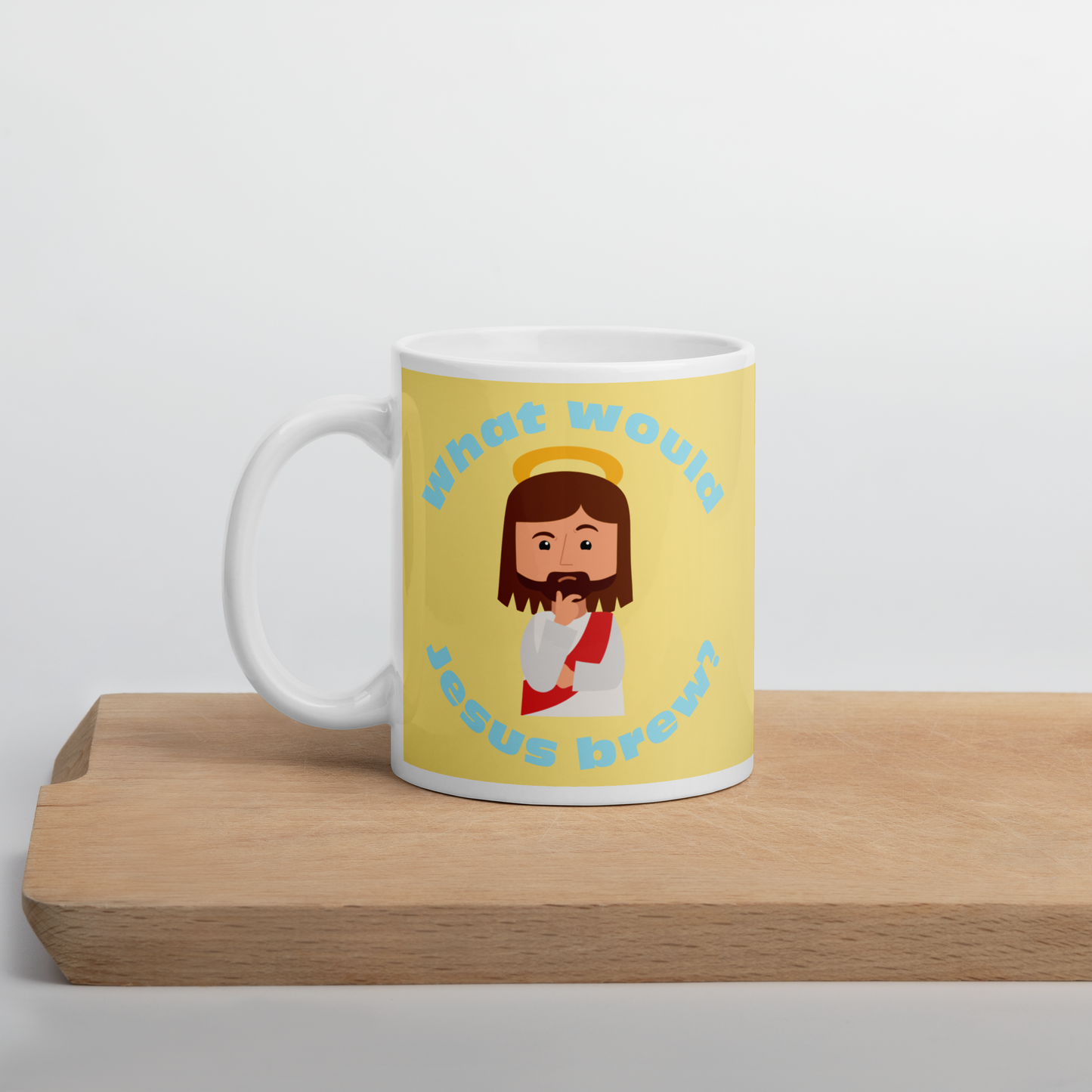 Yellow/Blue Glossy Mug – What would Jesus brew? (11oz)