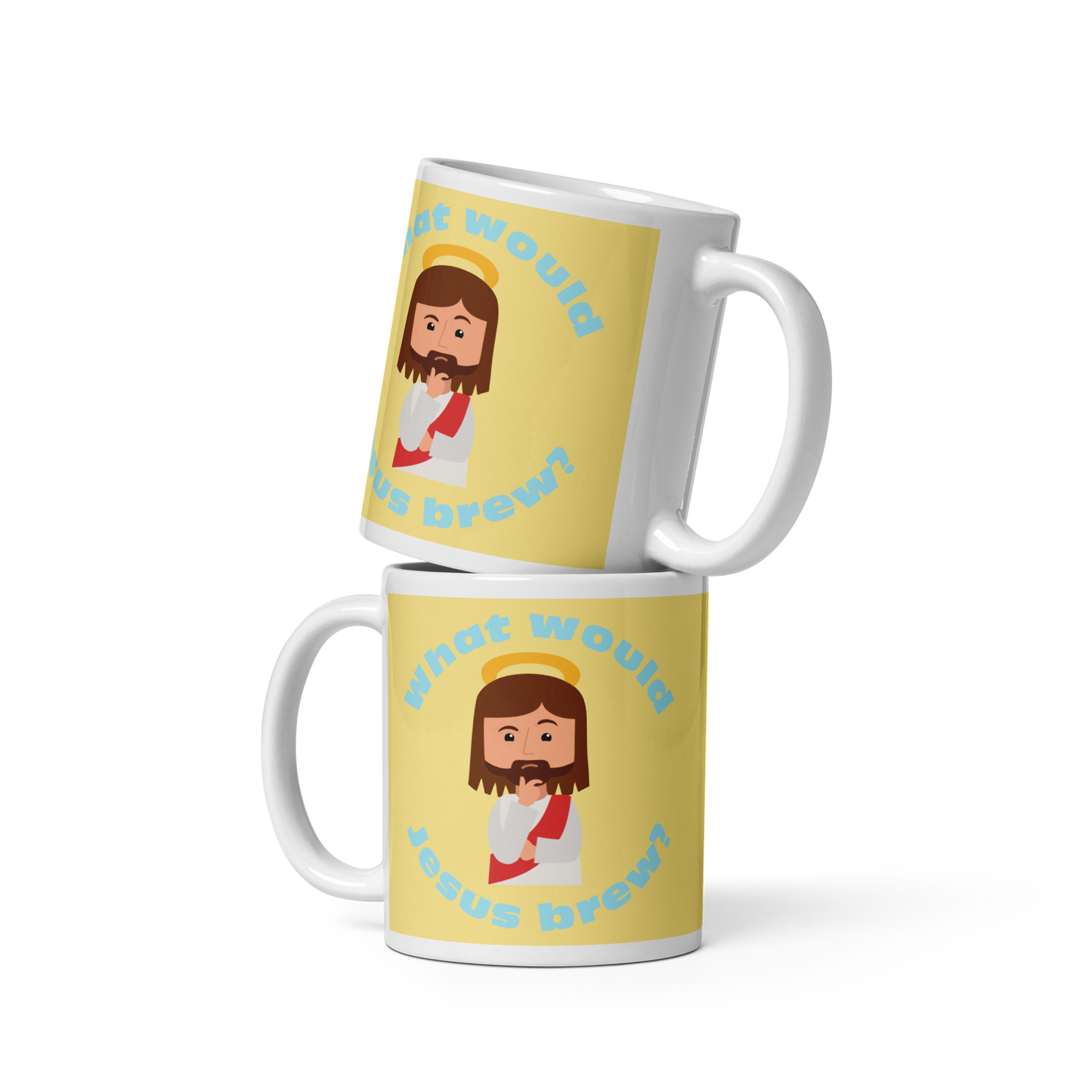 Yellow/Blue Glossy Mug – What would Jesus brew? (11oz)