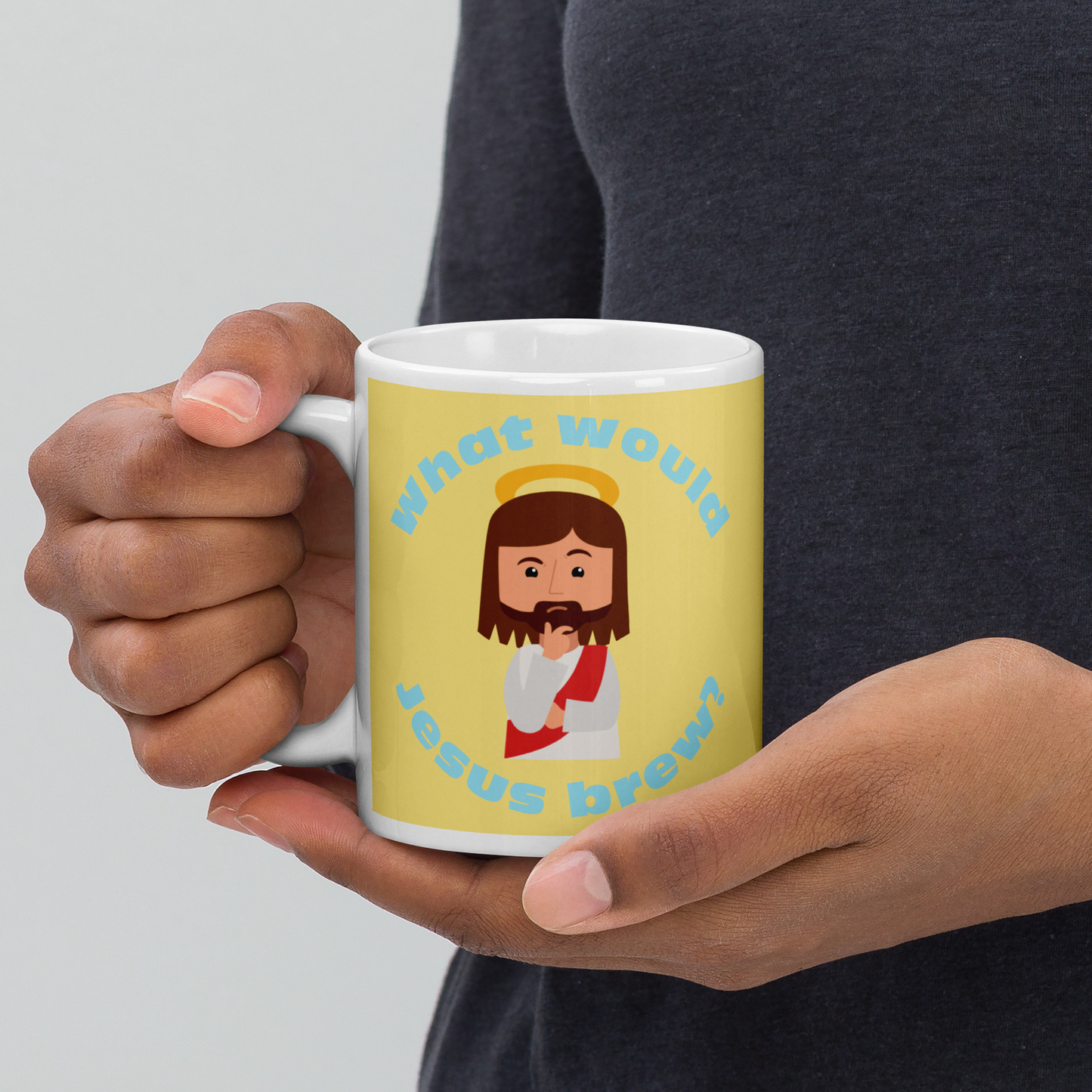 Yellow/Blue Glossy Mug – What would Jesus brew? (11oz)