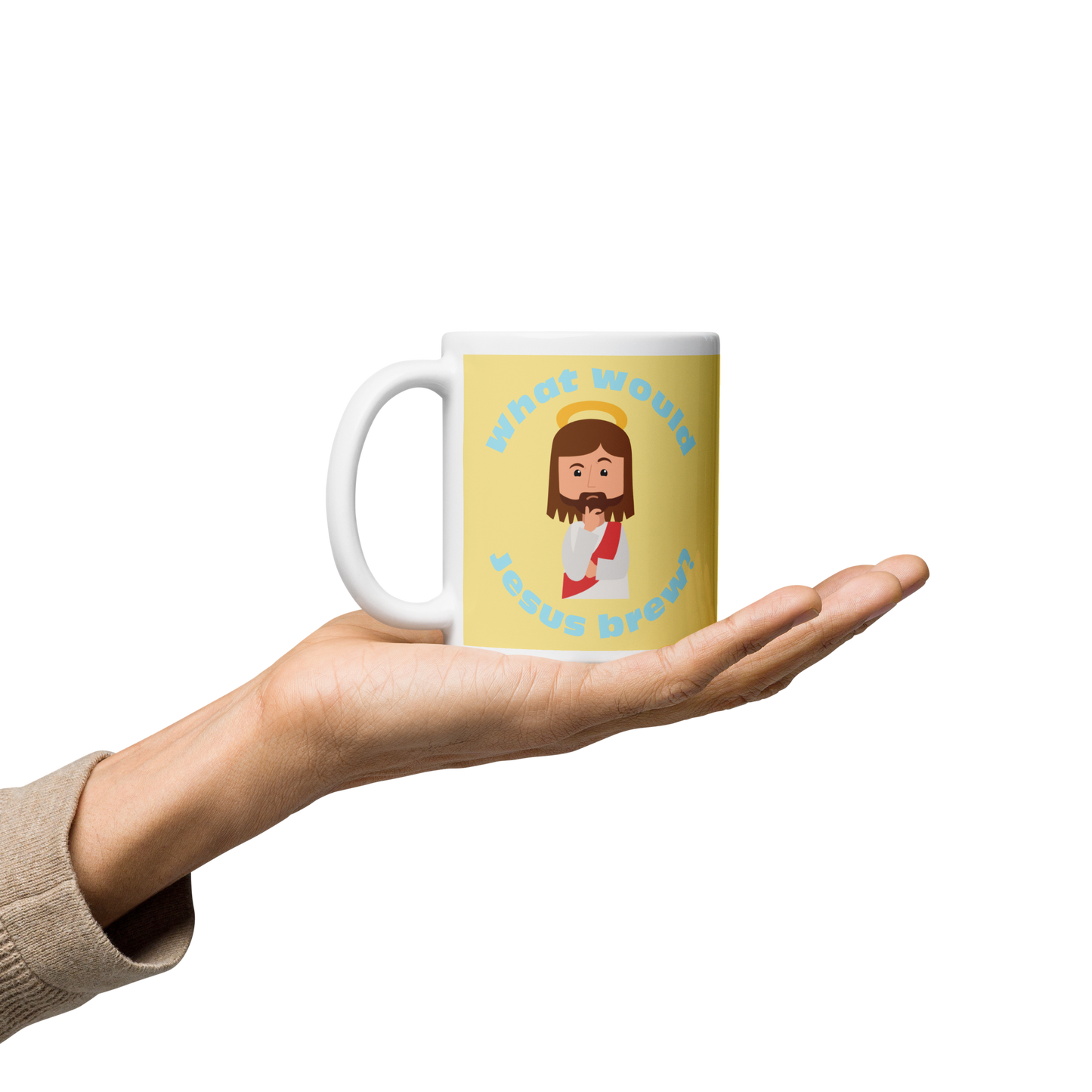 Yellow/Blue Glossy Mug – What would Jesus brew? (11oz)