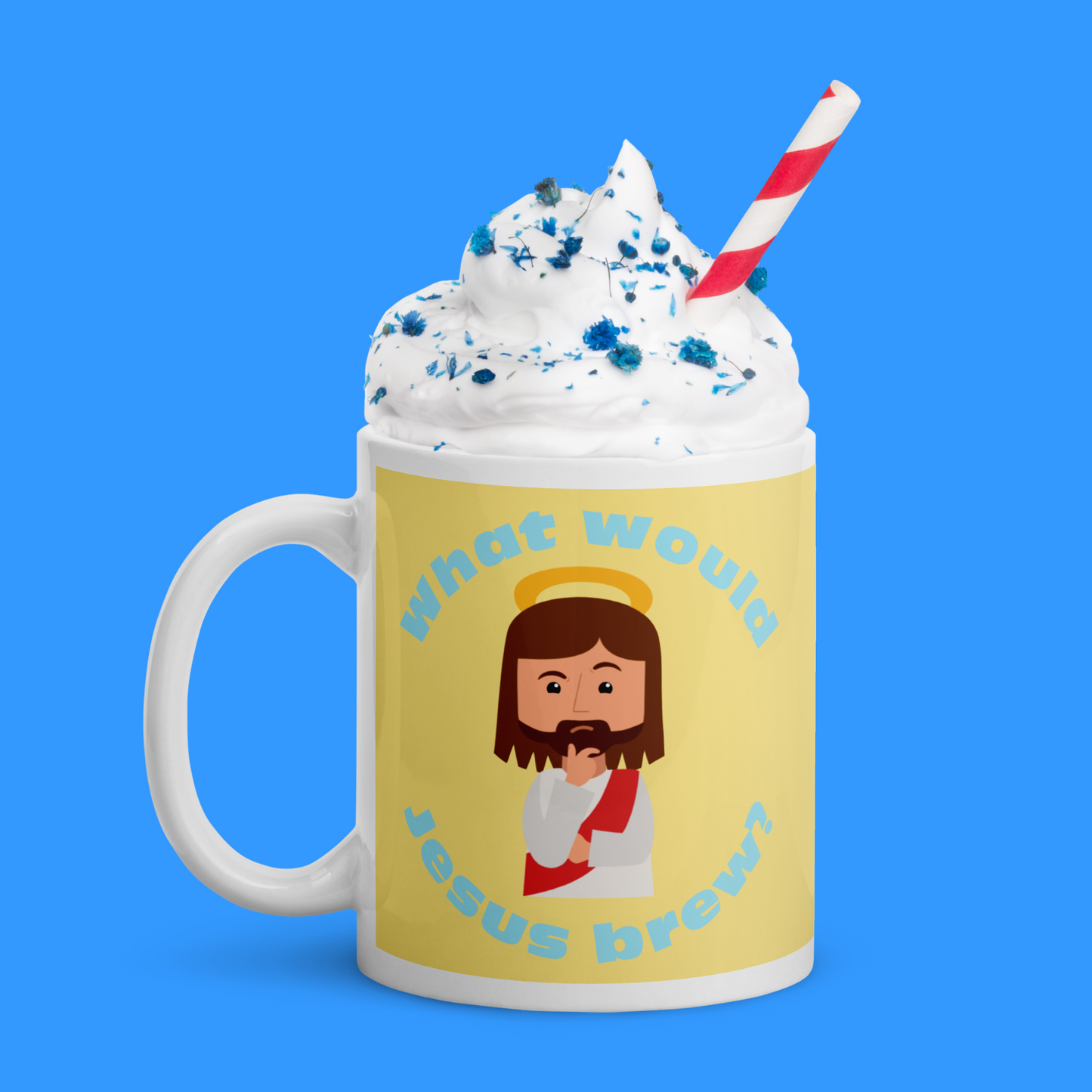 Yellow/Blue Glossy Mug – What would Jesus brew? (11oz)