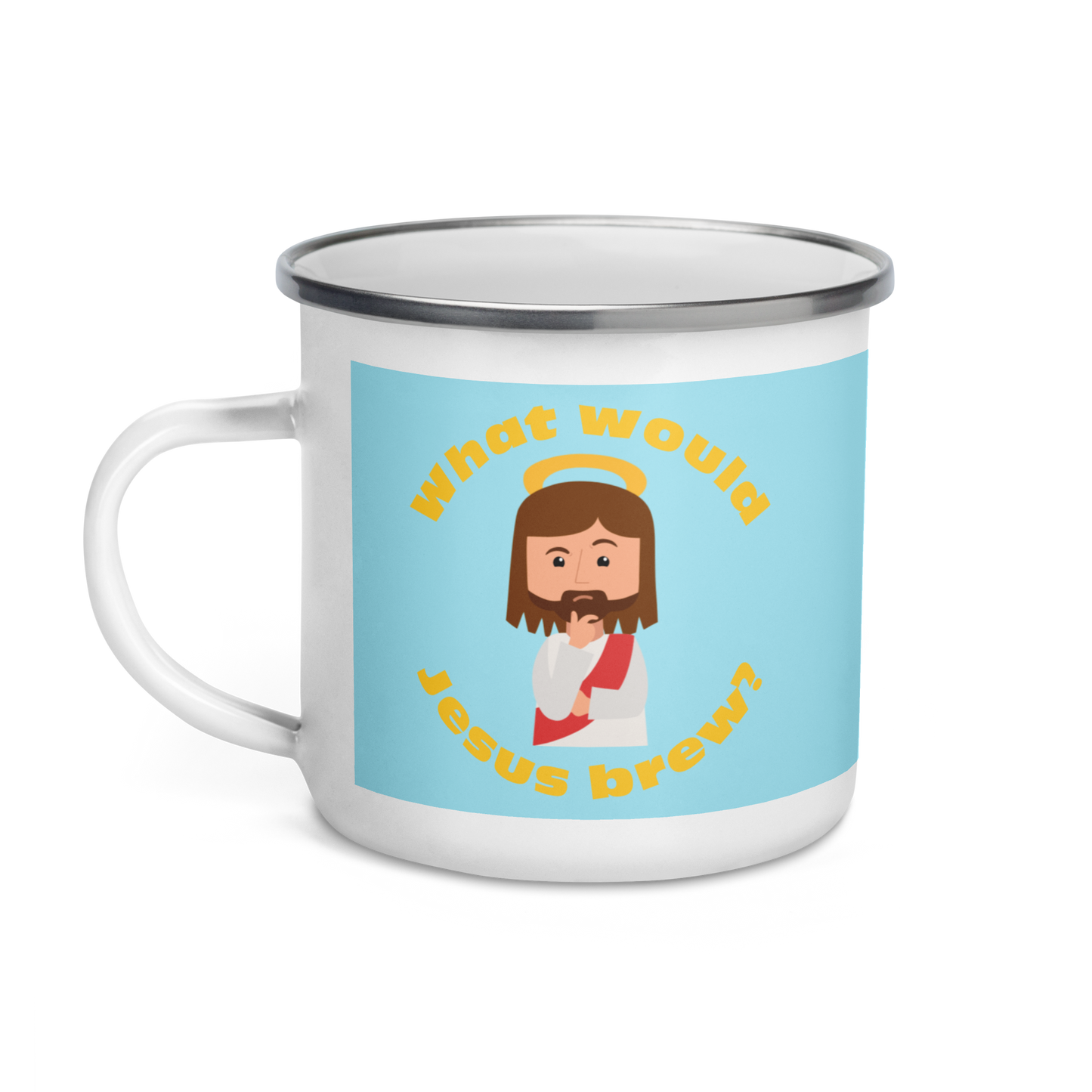 Blue/Yellow Enamel Mug – What would Jesus brew? (12oz)