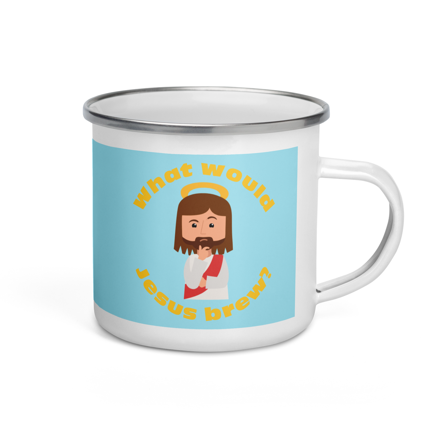 Blue/Yellow Enamel Mug – What would Jesus brew? (12oz)