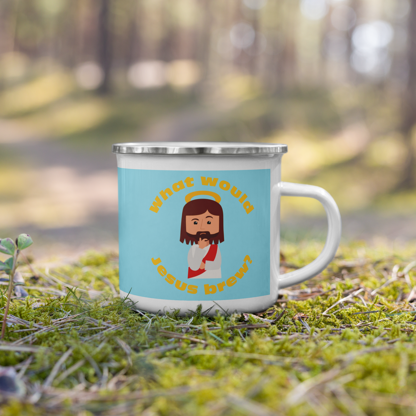 Blue/Yellow Enamel Mug – What would Jesus brew? (12oz)