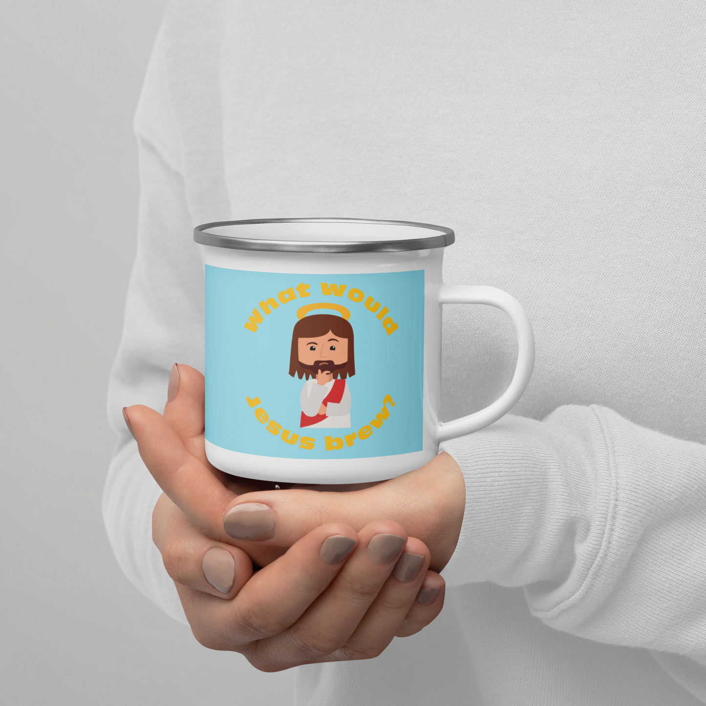 Blue/Yellow Enamel Mug – What would Jesus brew? (12oz)