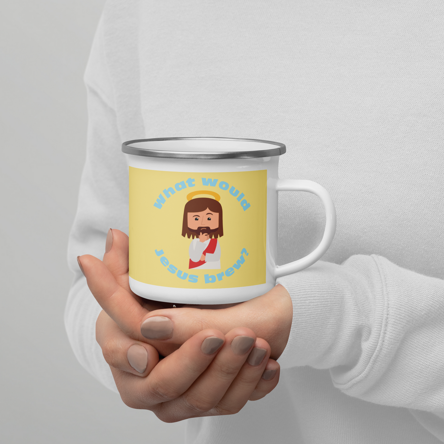 Yellow/Blue Enamel Mug – What would Jesus brew? (12oz)