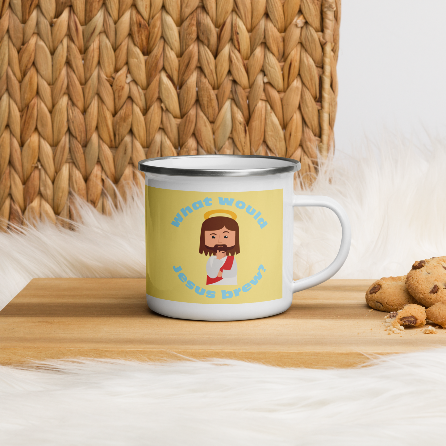 Yellow/Blue Enamel Mug – What would Jesus brew? (12oz)