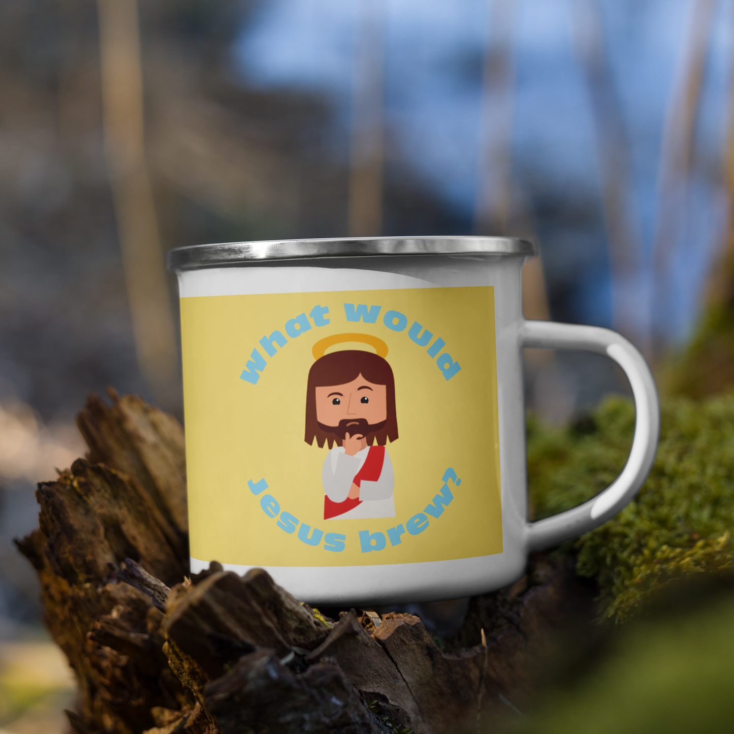 Yellow/Blue Enamel Mug – What would Jesus brew? (12oz)