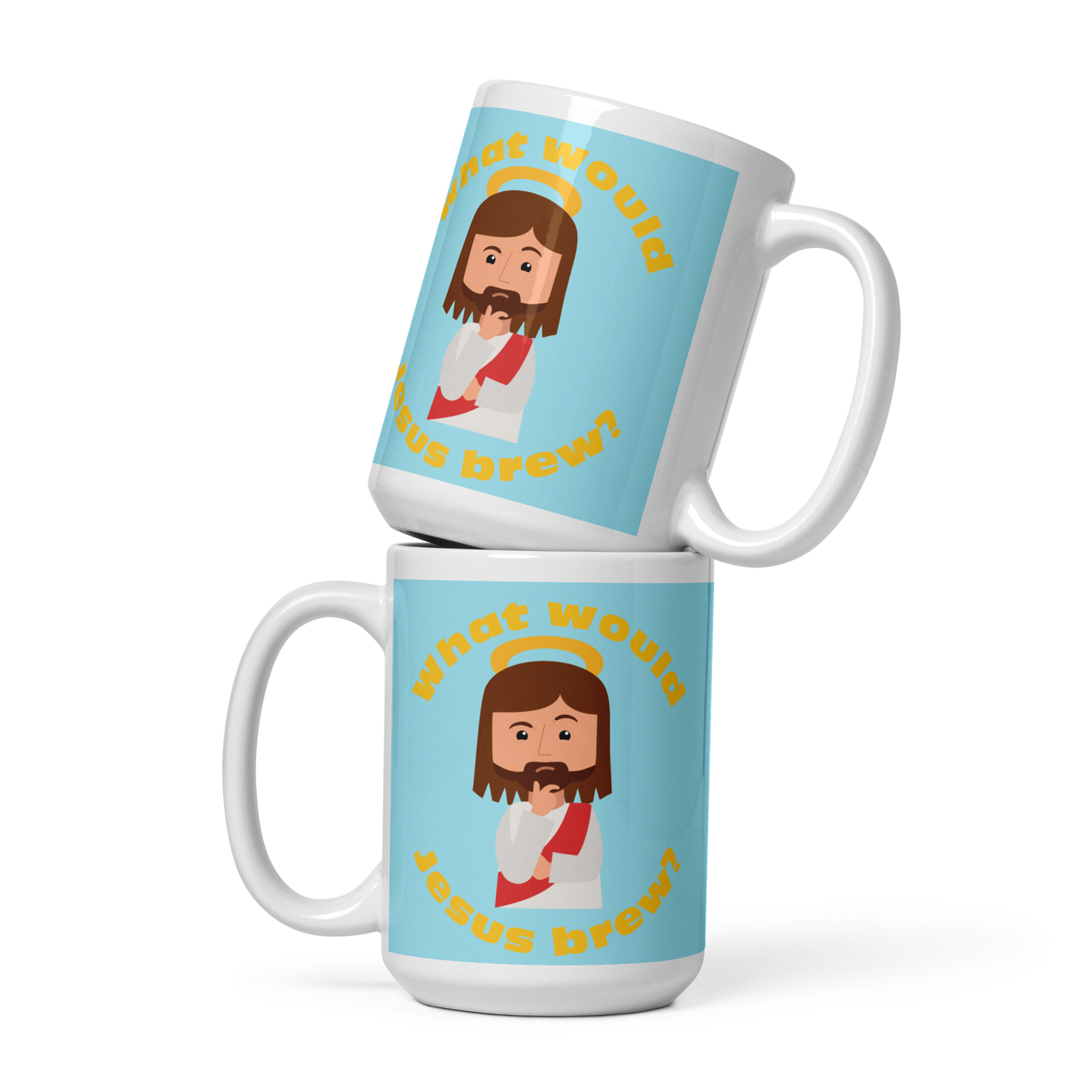 Blue/Yellow Glossy Mug – What would Jesus brew? (15oz)