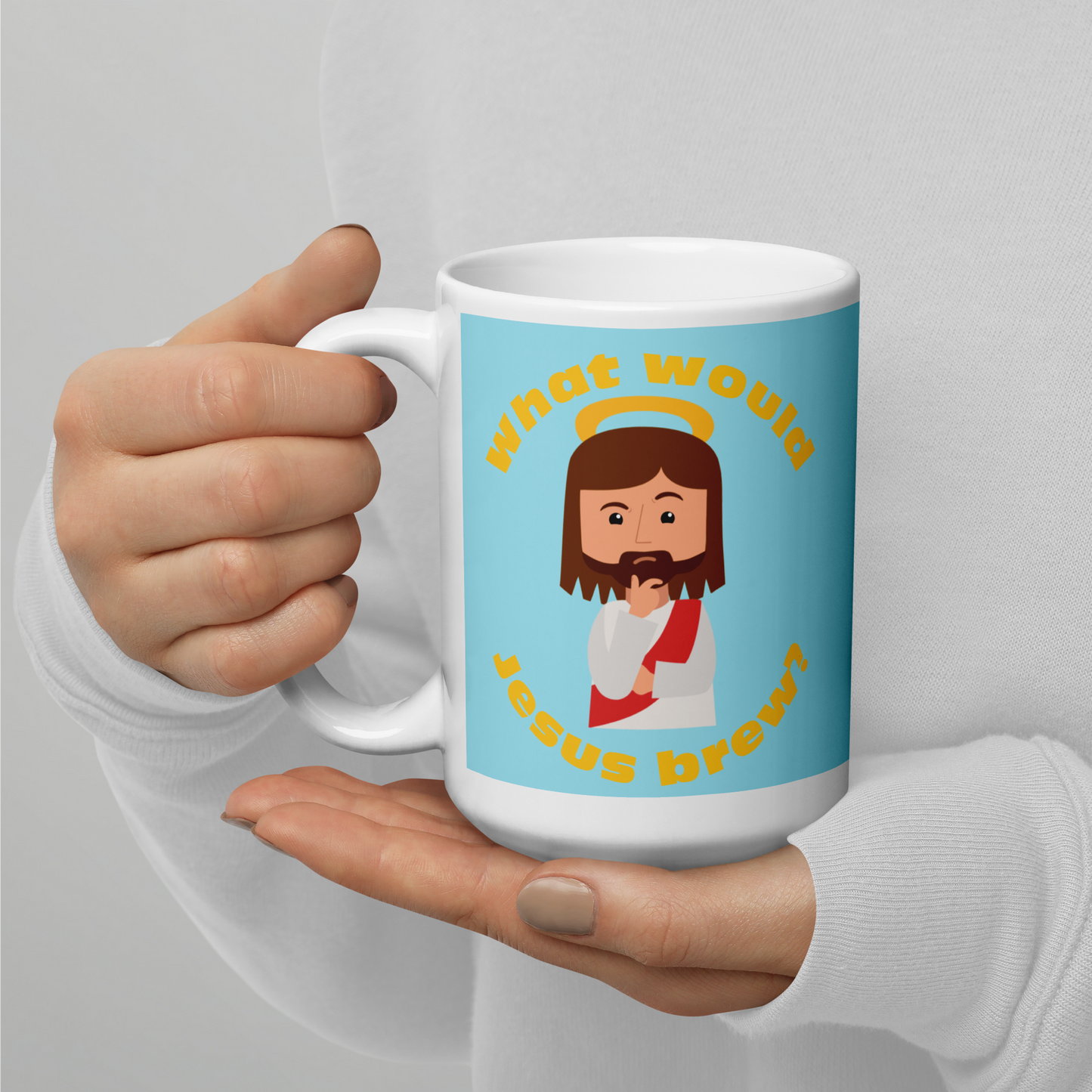 Blue/Yellow Glossy Mug – What would Jesus brew? (15oz)