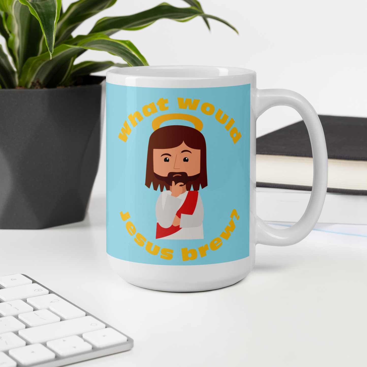 Blue/Yellow Glossy Mug – What would Jesus brew? (15oz)