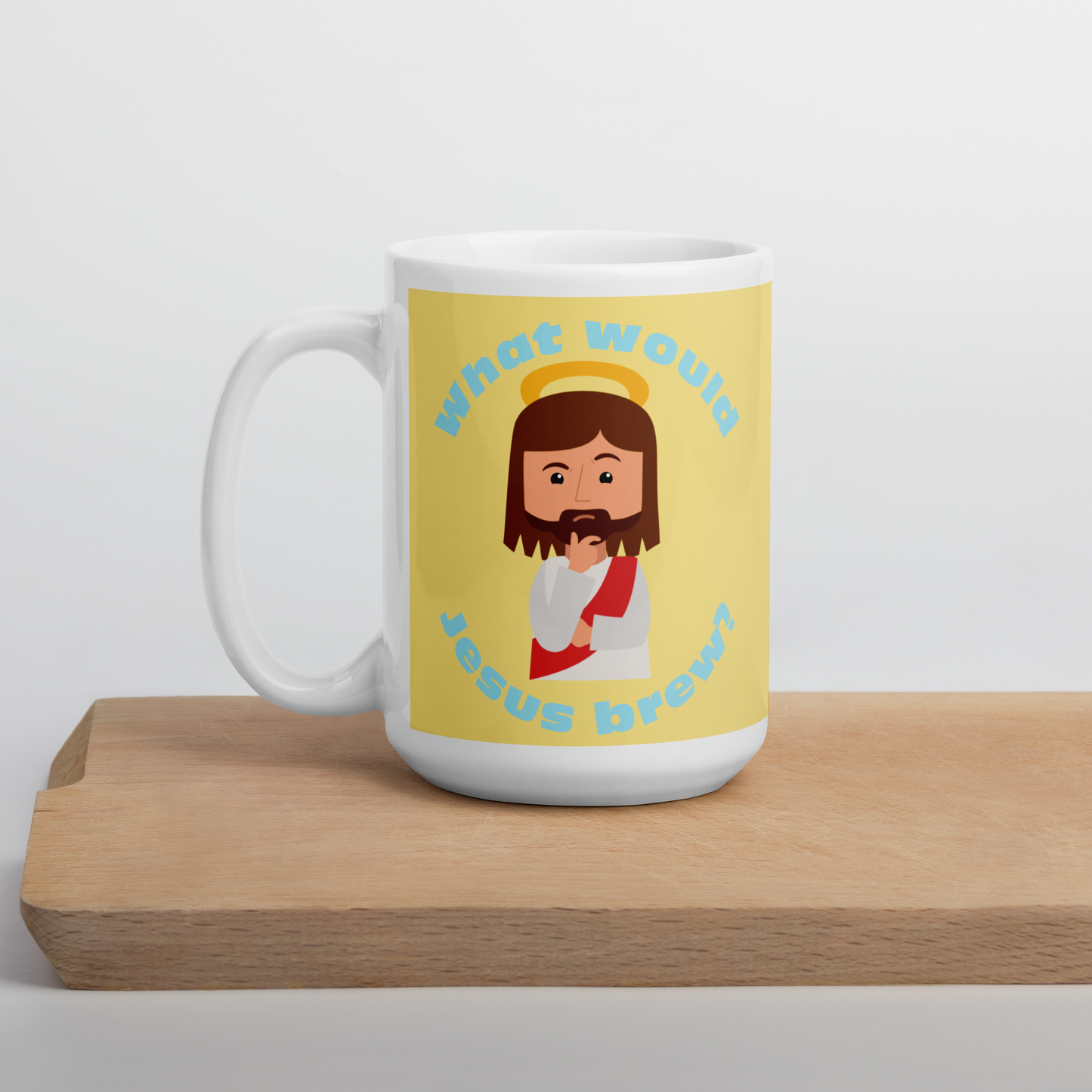 Yellow/Blue Glossy Mug – What would Jesus brew? (15oz)