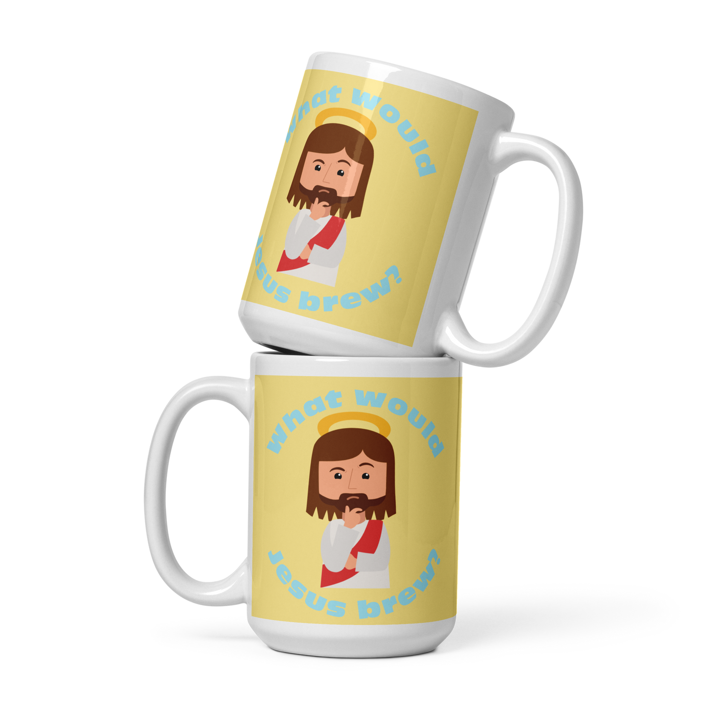 Yellow/Blue Glossy Mug – What would Jesus brew? (15oz)