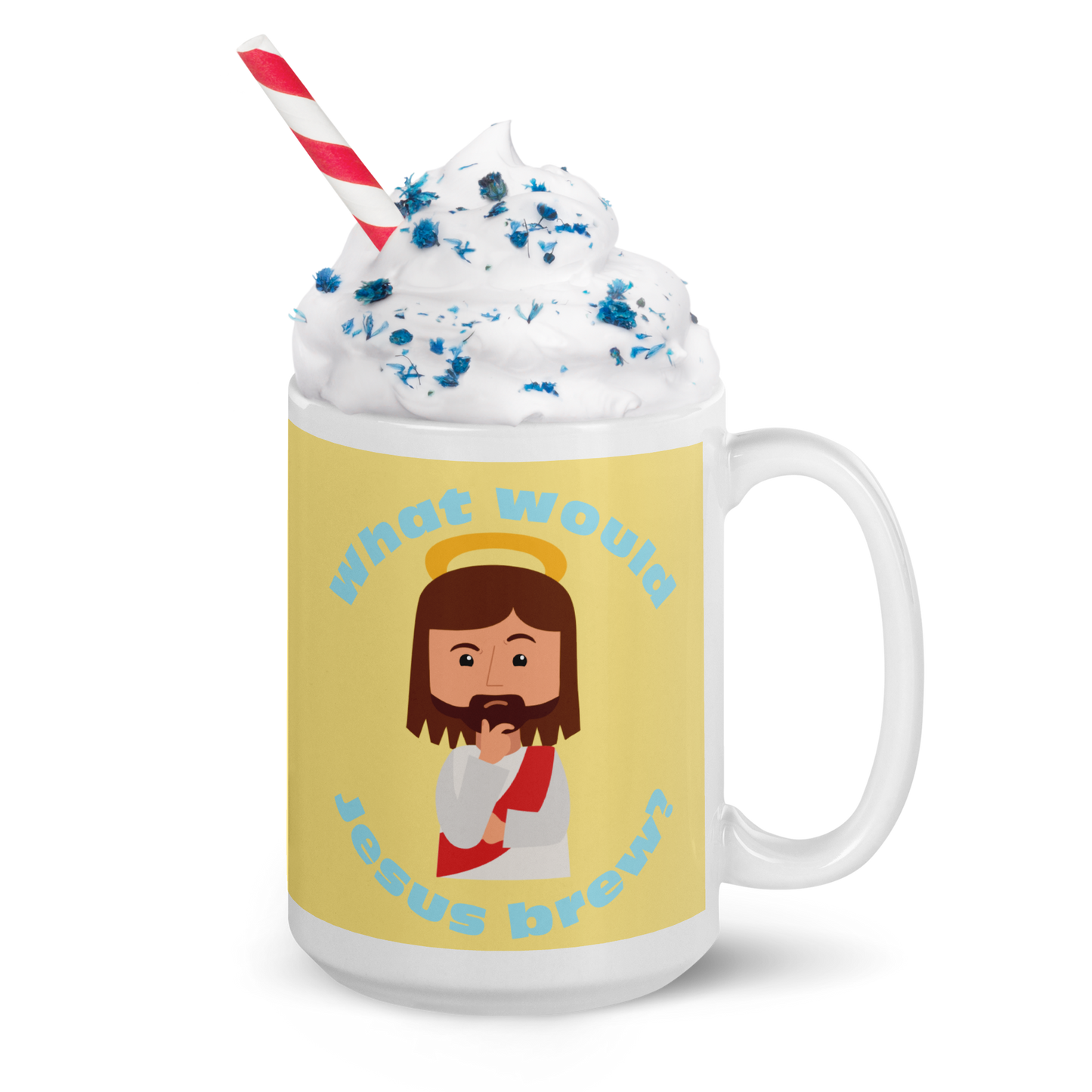 Yellow/Blue Glossy Mug – What would Jesus brew? (15oz)