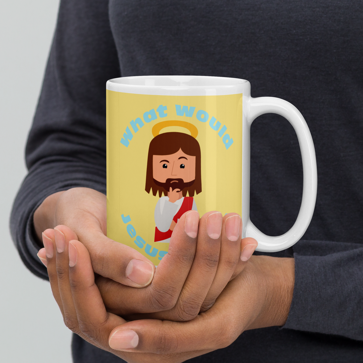 Yellow/Blue Glossy Mug – What would Jesus brew? (15oz)