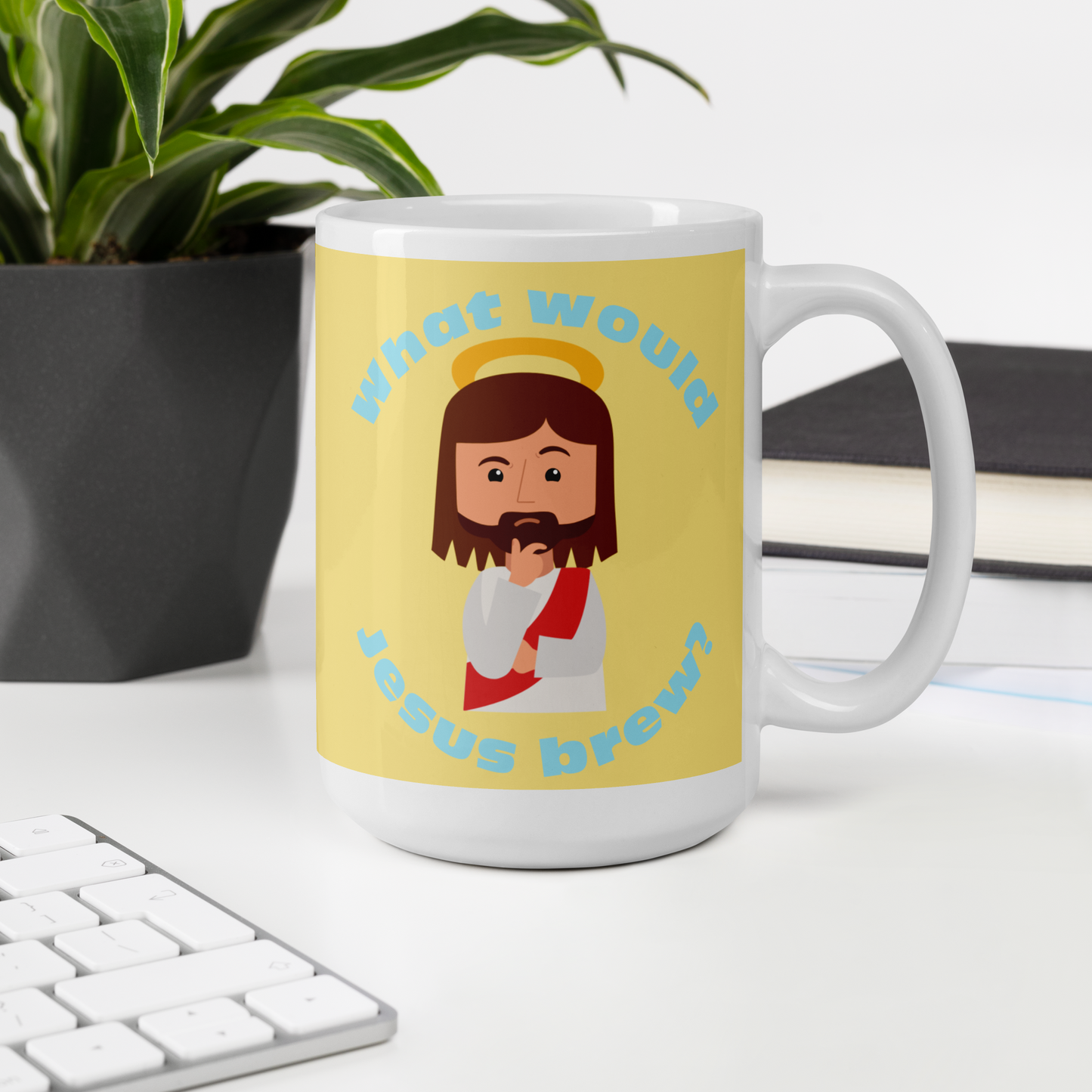 Yellow/Blue Glossy Mug – What would Jesus brew? (15oz)