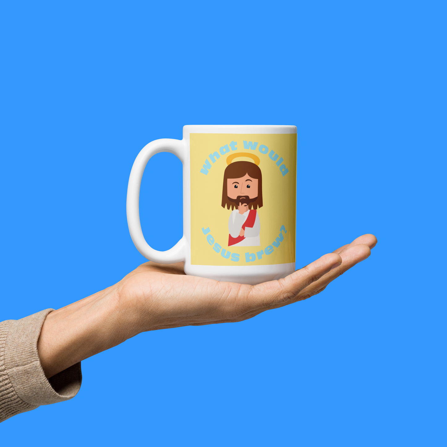 Yellow/Blue Glossy Mug – What would Jesus brew? (15oz)