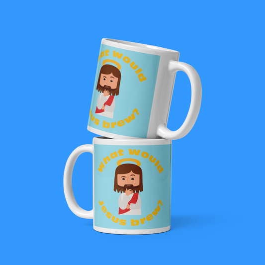 Blue/Yellow Glossy Mug – What would Jesus brew? (11oz)