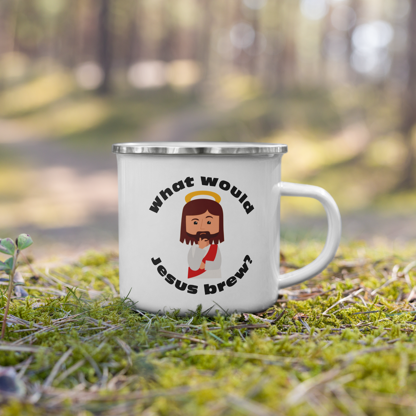 White Enamel Mug – What would Jesus brew? (12oz)