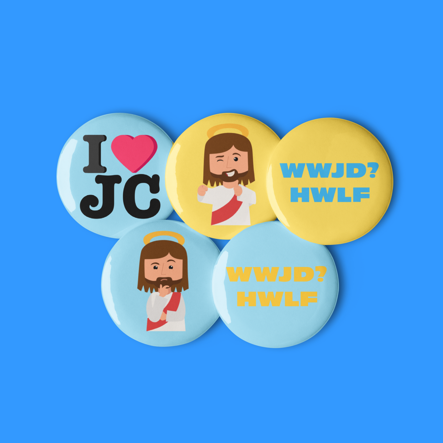 Set of Pin Buttons – What would Jesus do? He would love first (sets of five; two sizes)