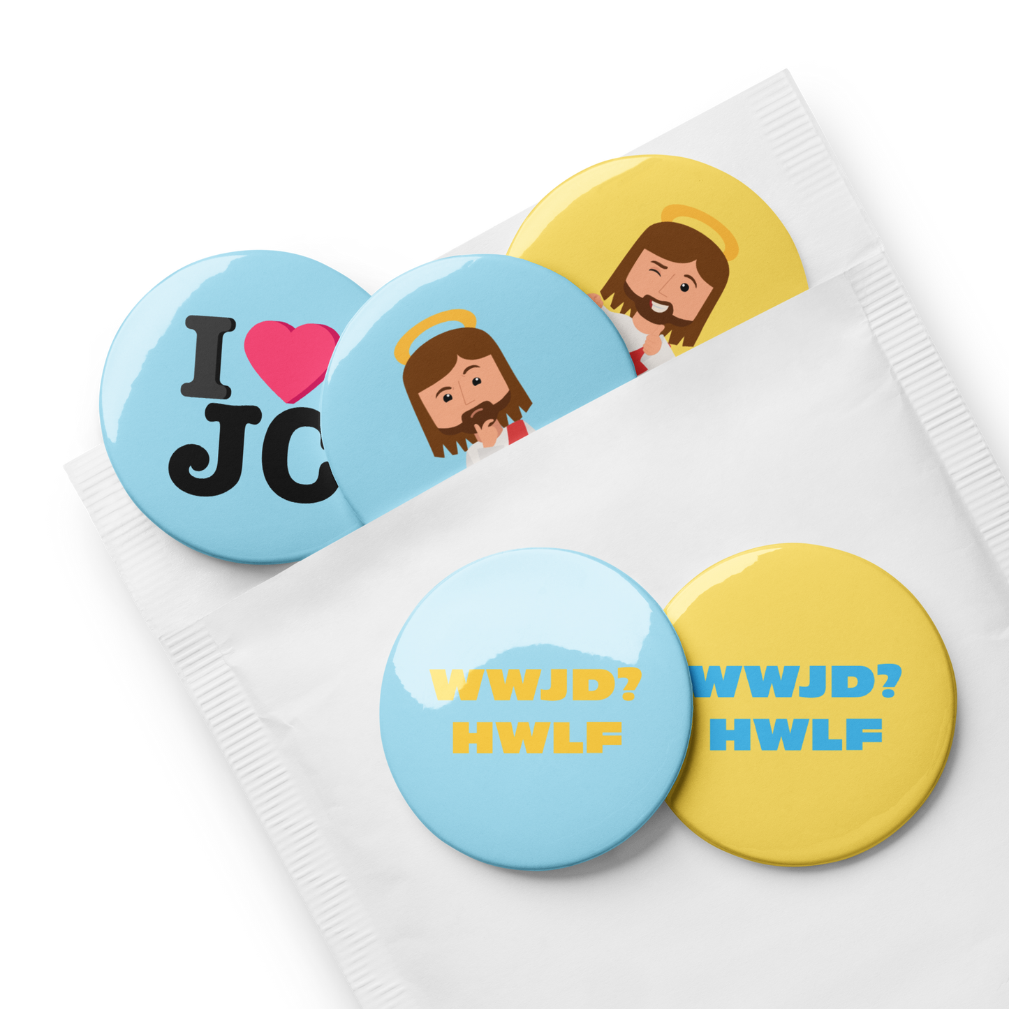 Set of Pin Buttons – What would Jesus do? He would love first (sets of five; two sizes)