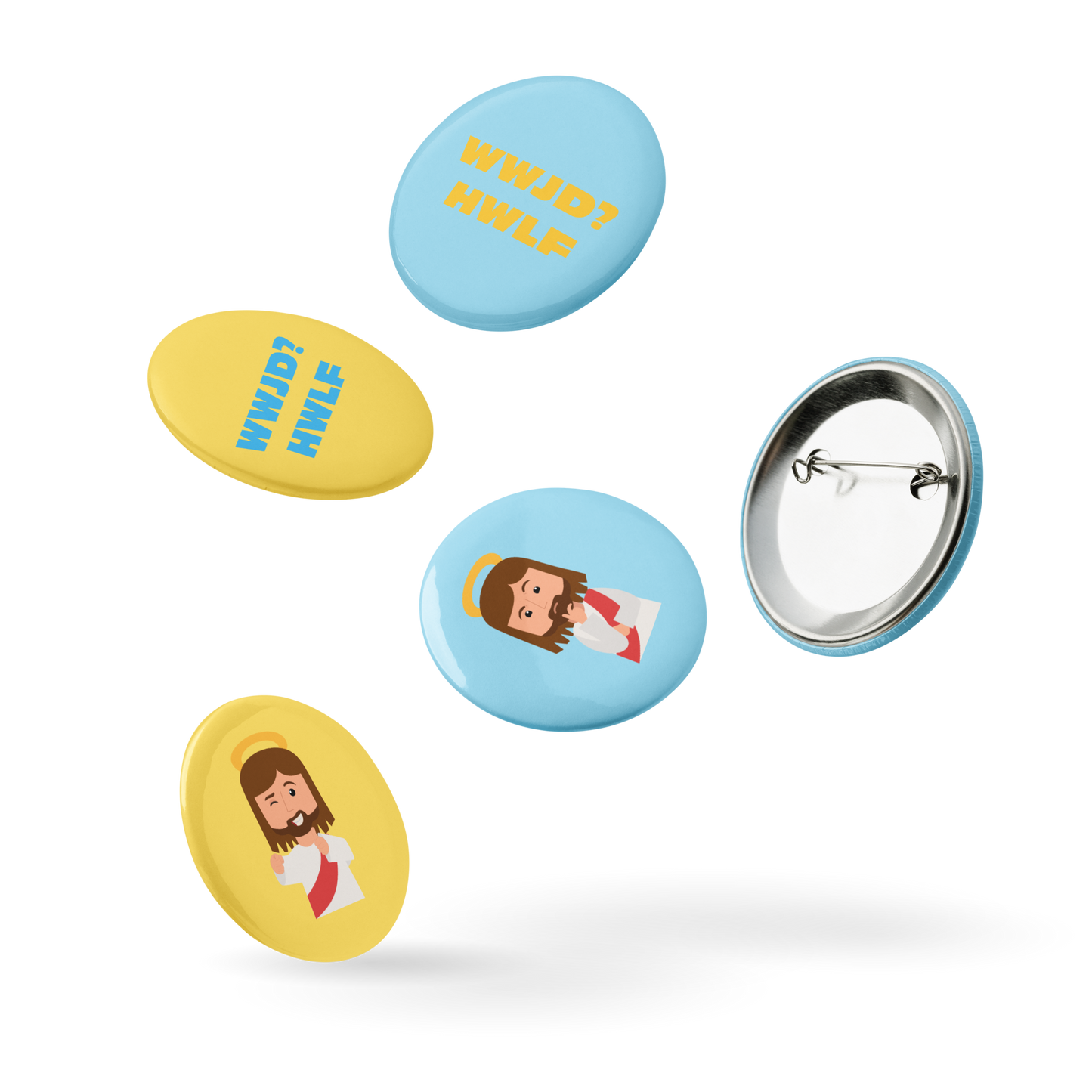 Set of Pin Buttons – What would Jesus do? He would love first (sets of five; two sizes)