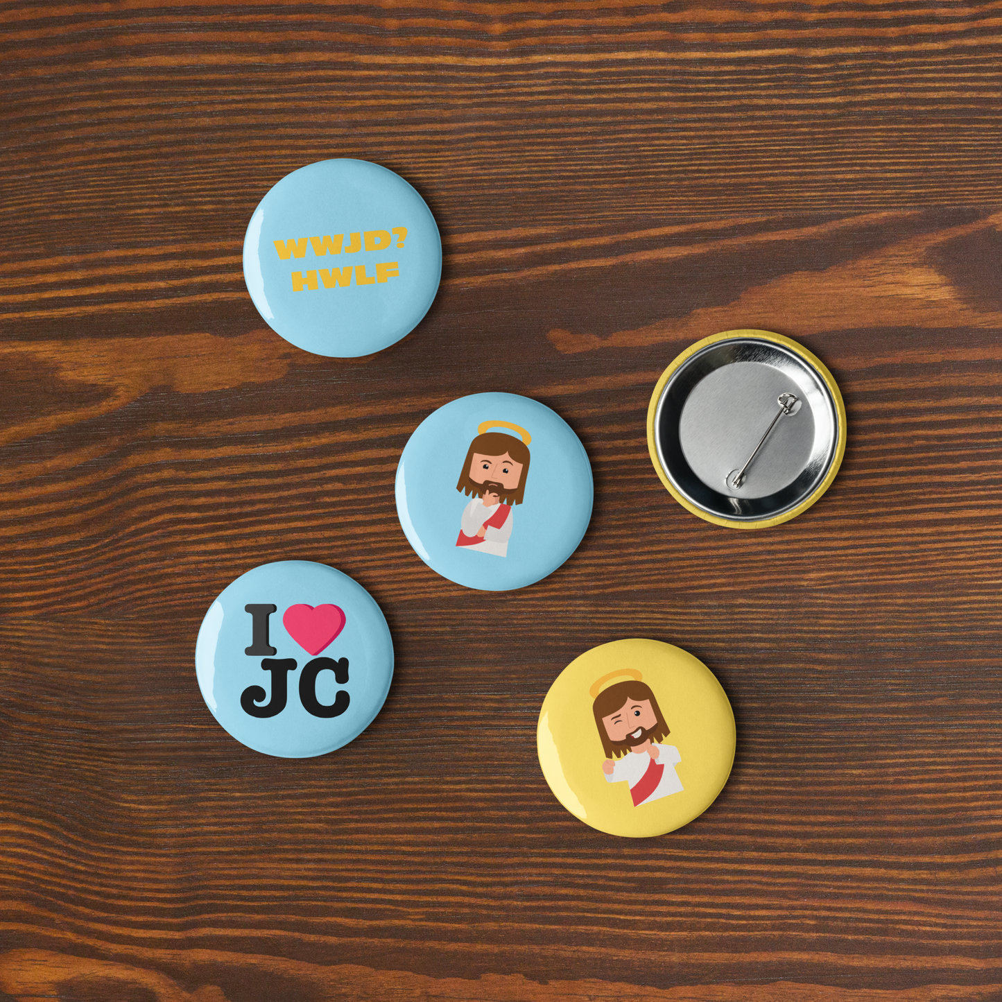 Set of Pin Buttons – What would Jesus do? He would love first (sets of five; two sizes)