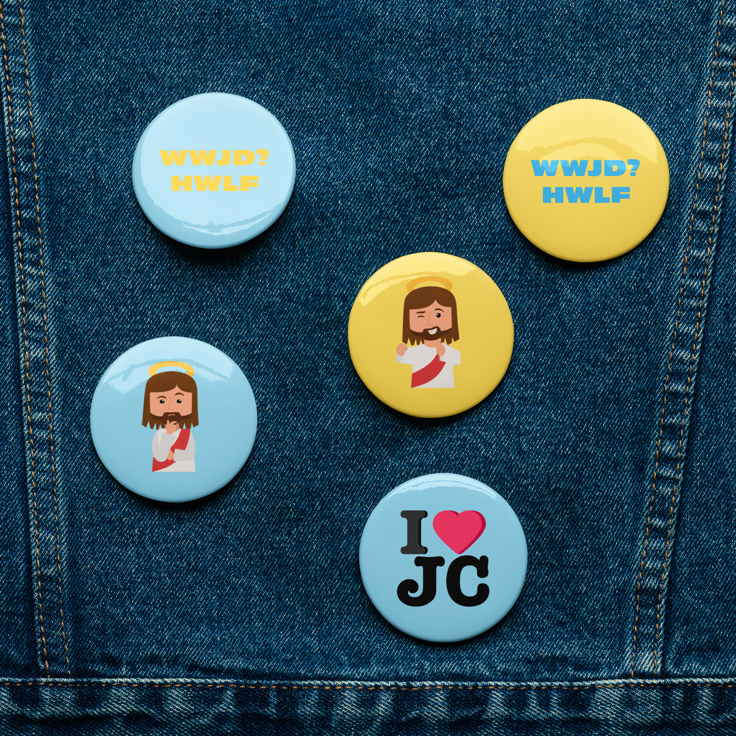 Set of Pin Buttons – What would Jesus do? He would love first (sets of five; two sizes)