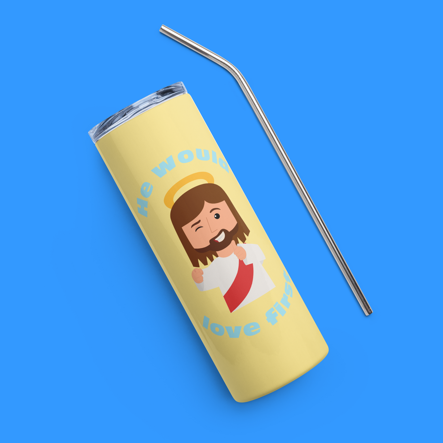 Yellow/Blue Stainless Steel Tumbler – What would Jesus do? He would love first (20oz)