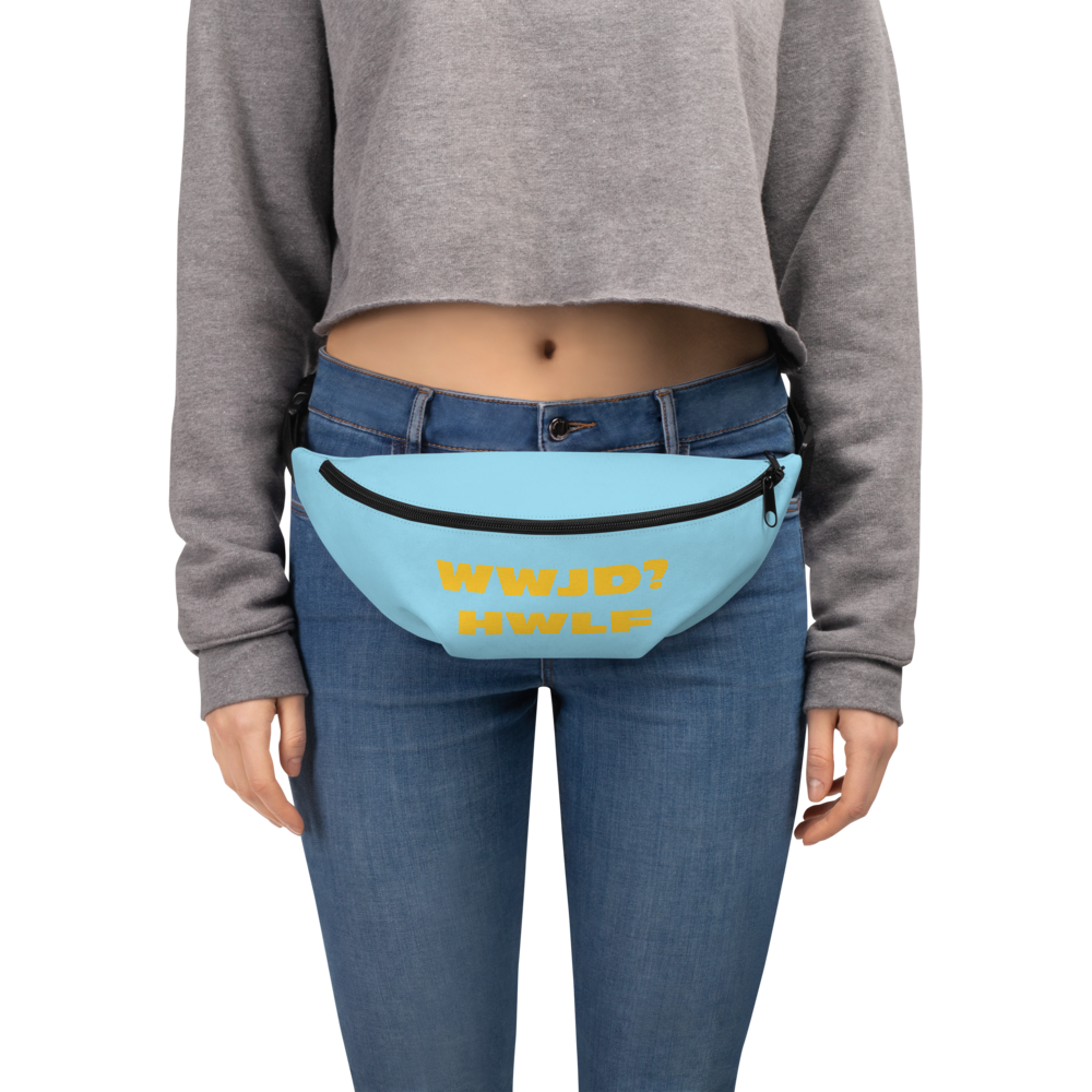 Fanny Pack – WWJD? HWLF (blue/gold; two sizes)