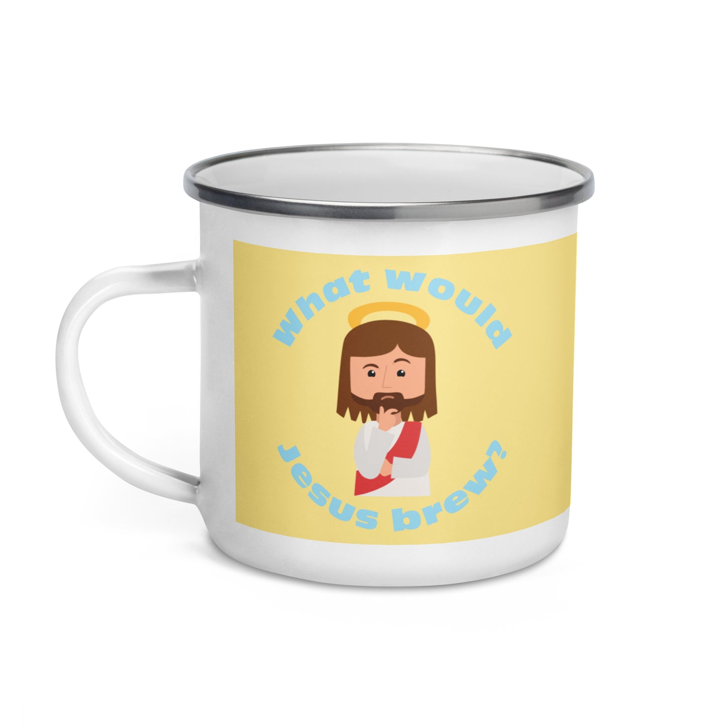 Yellow/Blue Enamel Mug – What would Jesus brew? (12oz)