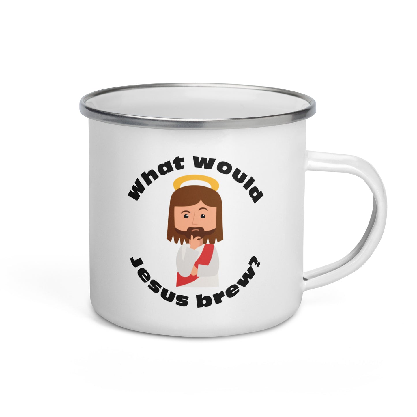 White Enamel Mug – What would Jesus brew? (12oz)