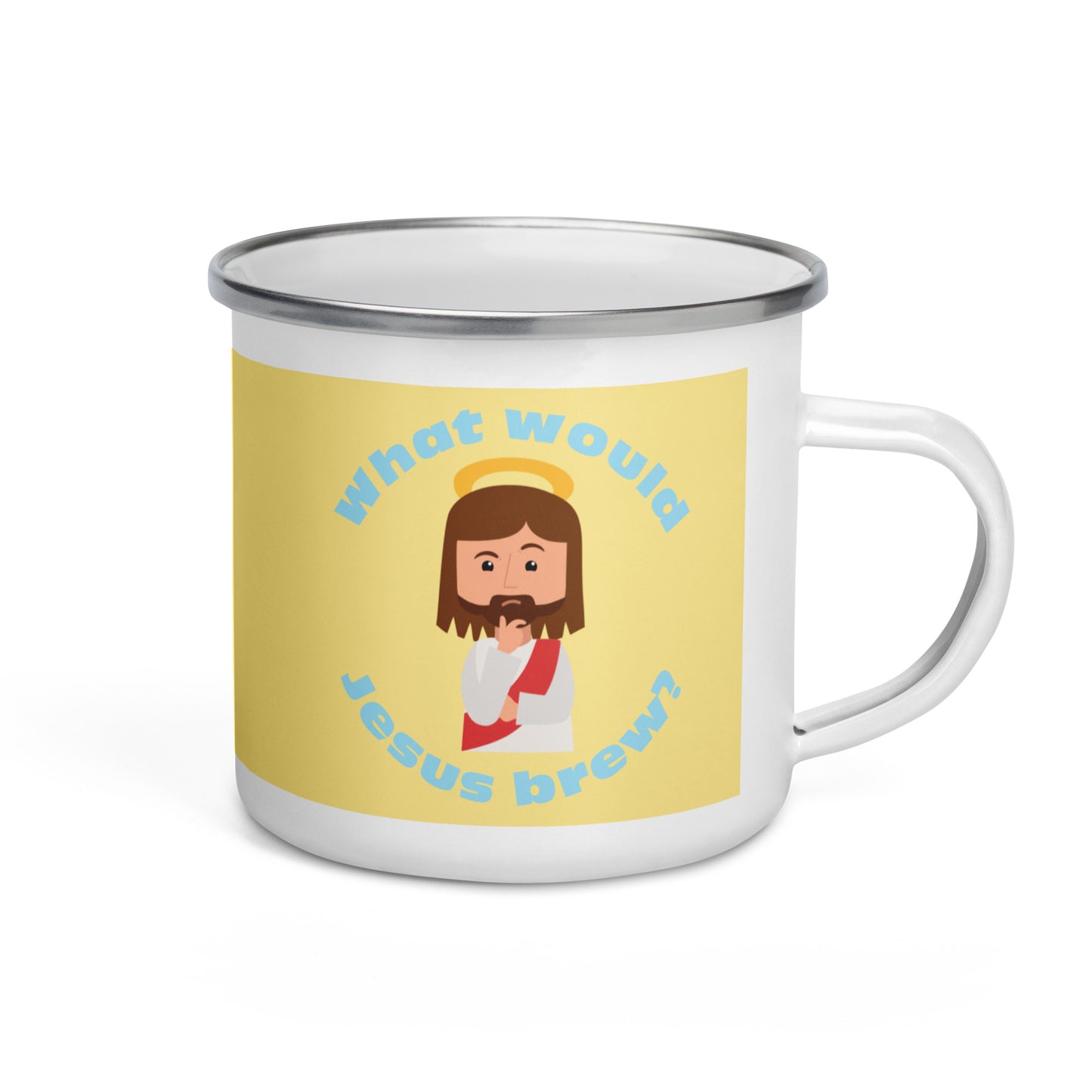 Yellow/Blue Enamel Mug – What would Jesus brew? (12oz)