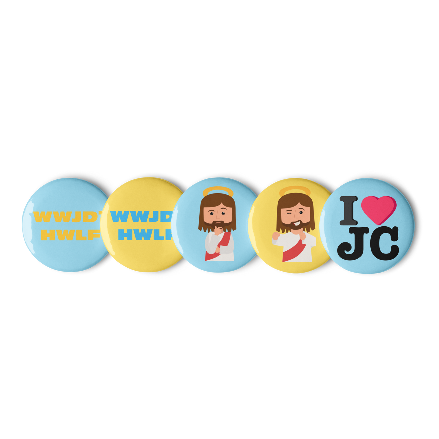 Set of Pin Buttons – What would Jesus do? He would love first (sets of five; two sizes)