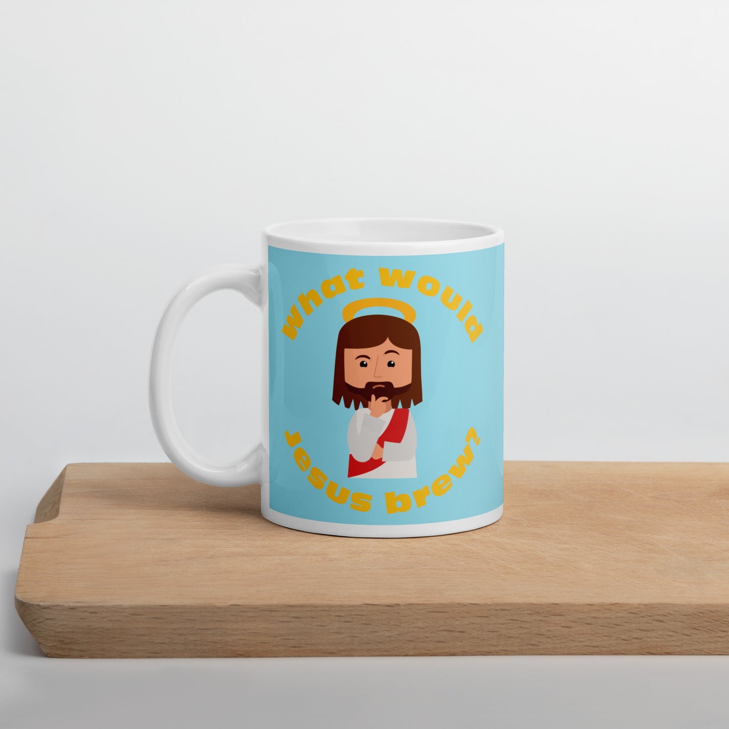 Blue/Yellow Glossy Mug – What would Jesus brew? (11oz)