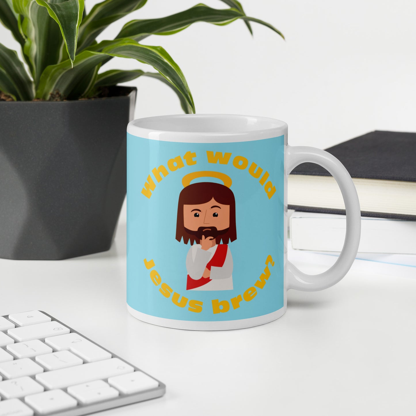 Blue/Yellow Glossy Mug – What would Jesus brew? (11oz)