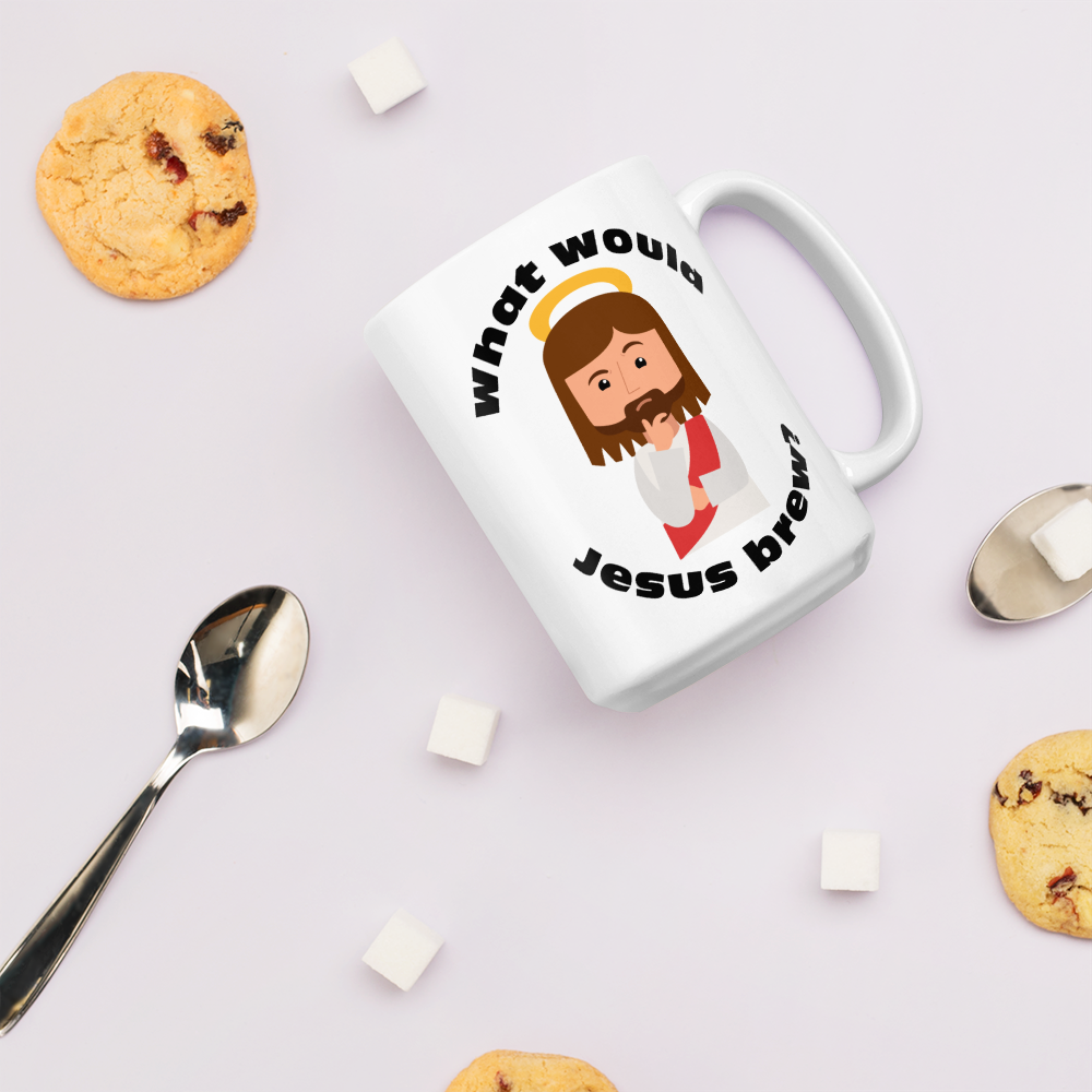 White Glossy Mug – What would Jesus brew? (15oz)