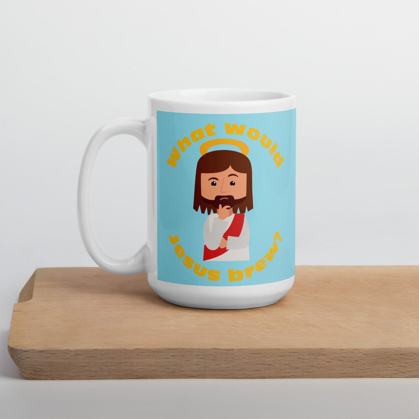 Blue/Yellow Glossy Mug – What would Jesus brew? (15oz)