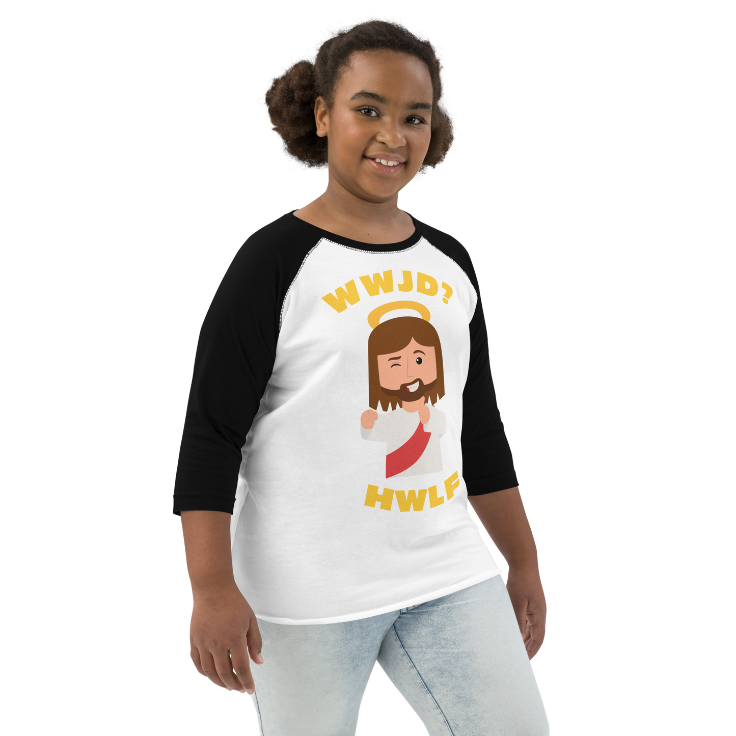 Youth Baseball Shirt – WWJD? HWLF (five variations)