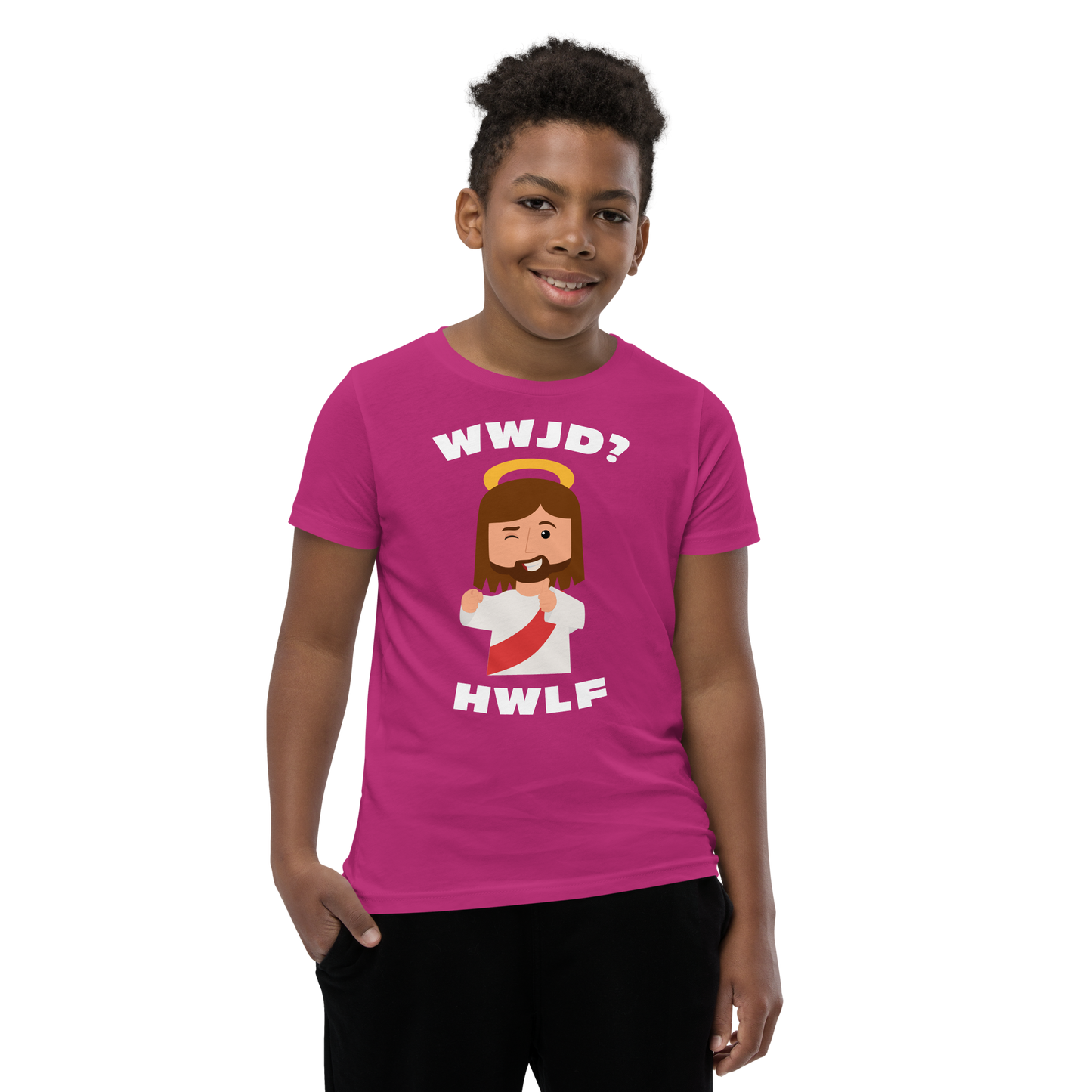 Youth Short Sleeve T-Shirt – WWJD? HWLF (10 colors)